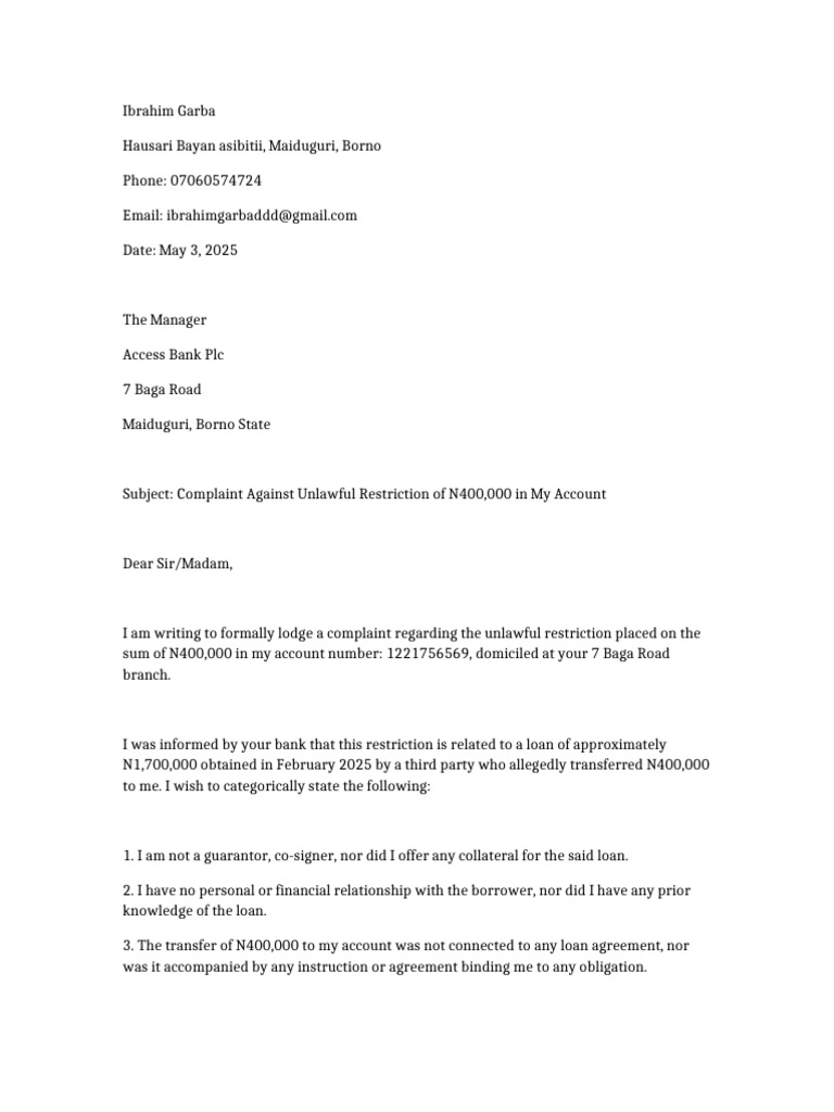 Access Bank Complaint Letter Ibrahim Garba Updated | PDF