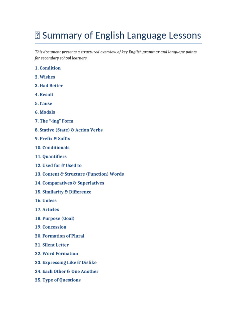 English Lesson Titles Summary Styled | PDF
