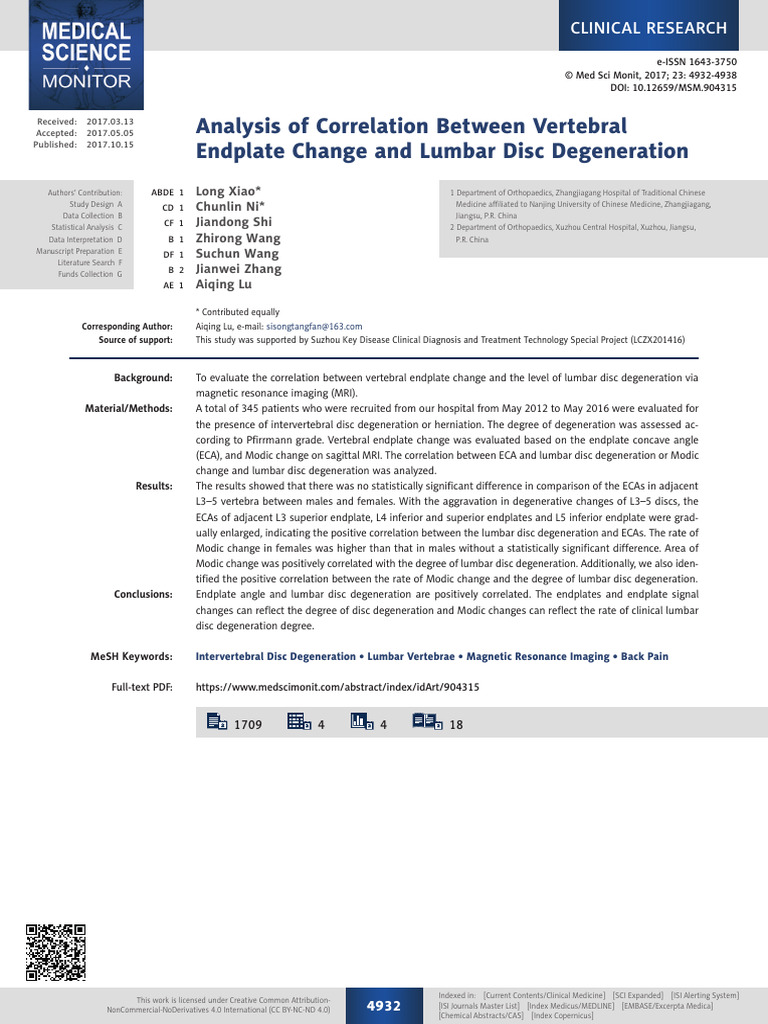 Analysis of Correlation Between Vertebral Endplate Change and Lumbar ...