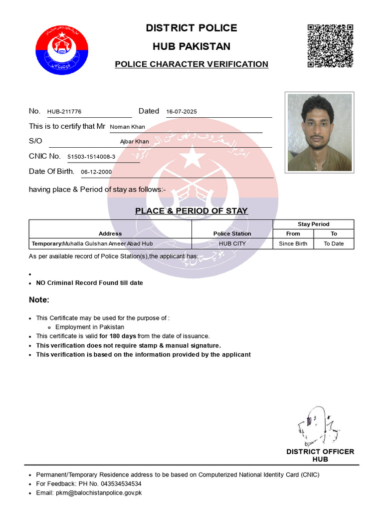 Police Character Verification Certificate | PDF