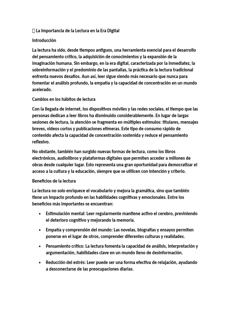 La Importancia de La Lectura en La Era Digital | PDF | Pensamiento ...