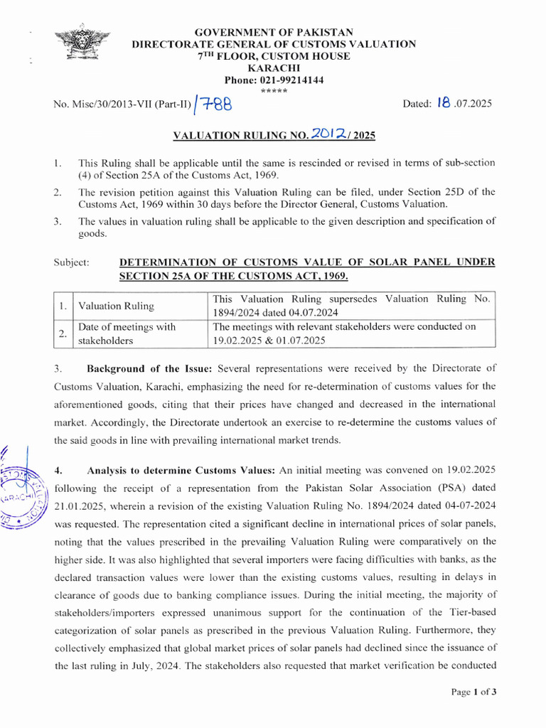Customs Valuation Ruling for Solar Panels | PDF | Karachi