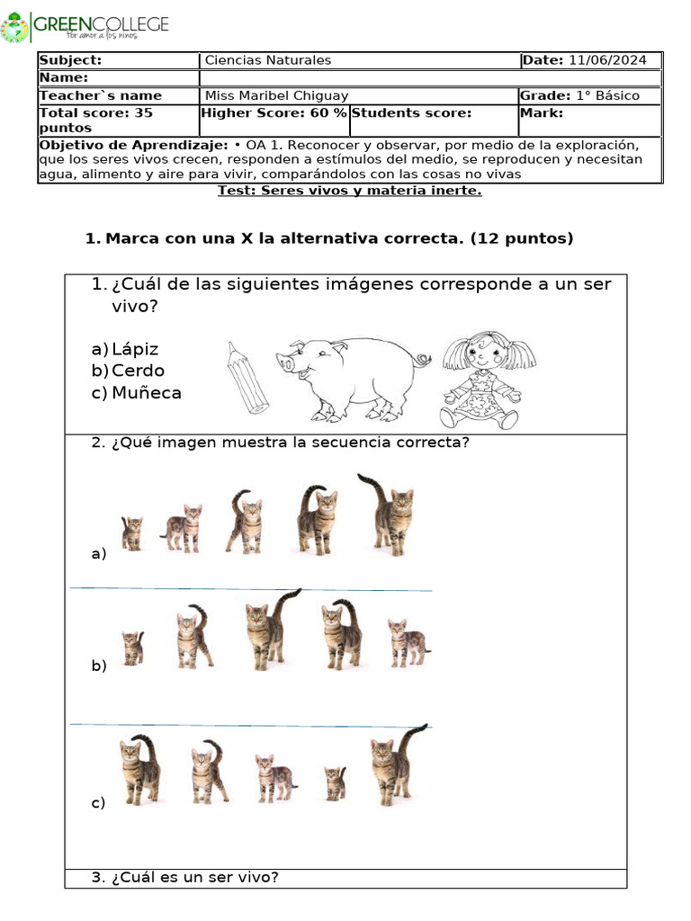 1° Ciencias Naturales Prueba Seres Vivos y Materia Inerte | PDF