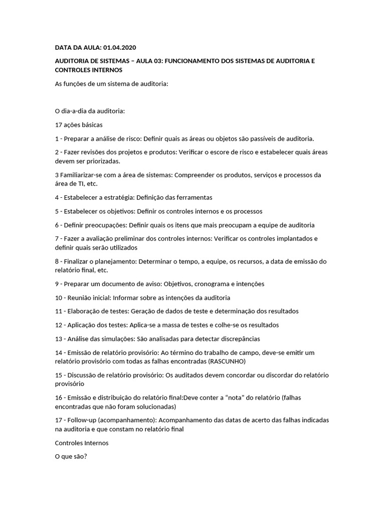 Auditoria de Sistemas: Controles Internos e Processos | PDF ...