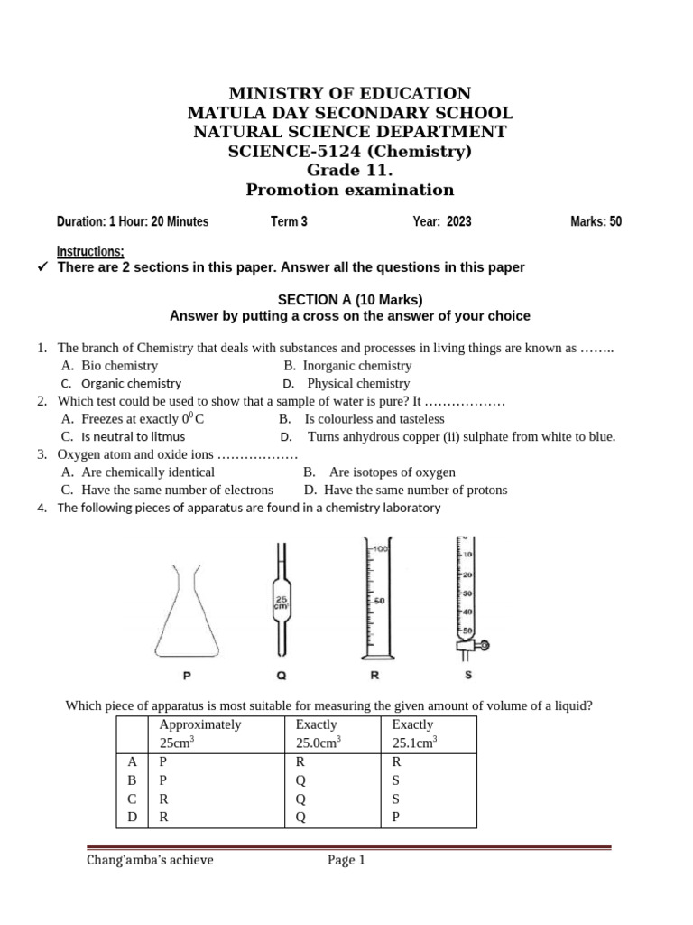 Grade 11 Chemistry Promotion Exam 2023 | PDF | Chemical Compounds ...