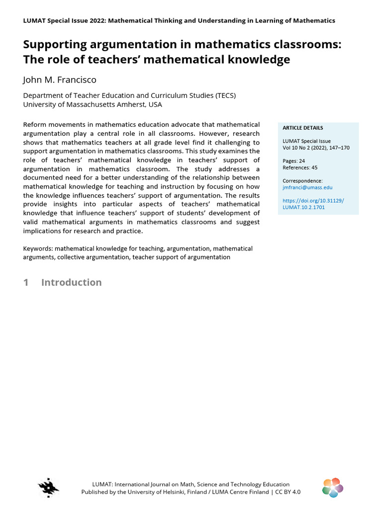 Teacher Knowledge in Math Argumentation | PDF | Knowledge | Argument