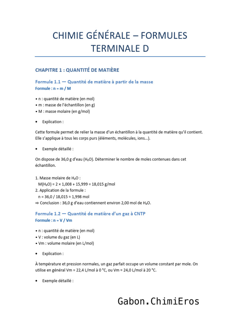 Formules de Quantité de Matière en Chimie | PDF