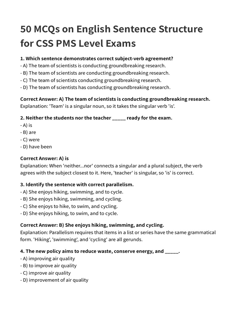 MCQs on English Sentence Structure | PDF | Verb | Grammatical Number