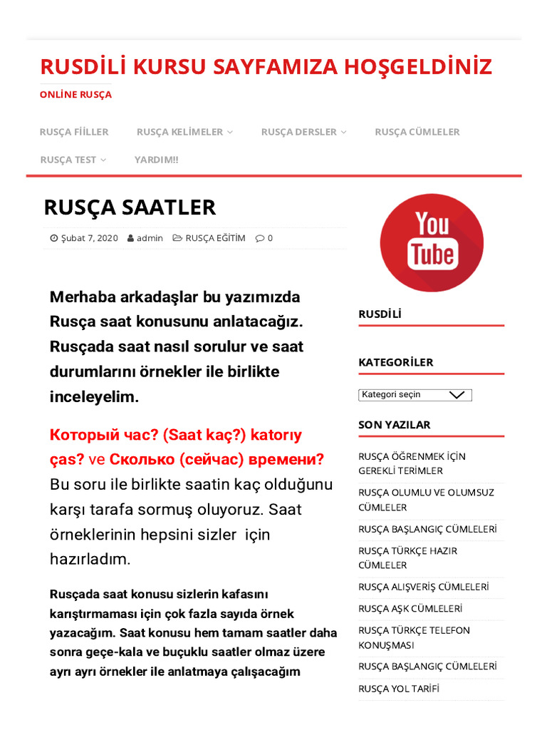 Rusça Saatler - Rusdi̇li̇ Kursu Sayfamiza Hoşgeldi̇ni̇z | PDF