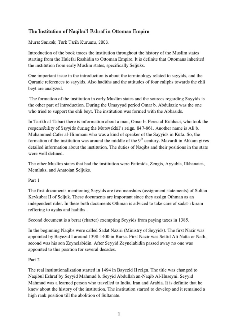 The Institution of Naqibul Eshraf in Ottomans (Sayyids in Ottoman