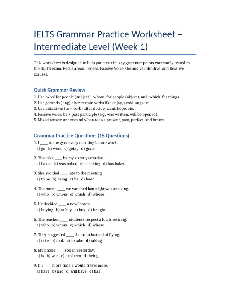Ielts Grammar Worksheet Week1 Pdf Linguistics Grammar