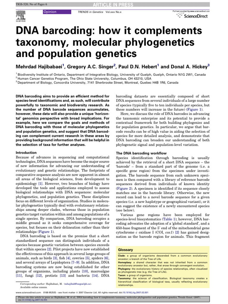 DNA Barcoding in Taxonomy and Genetics | PDF | Phylogenetics ...