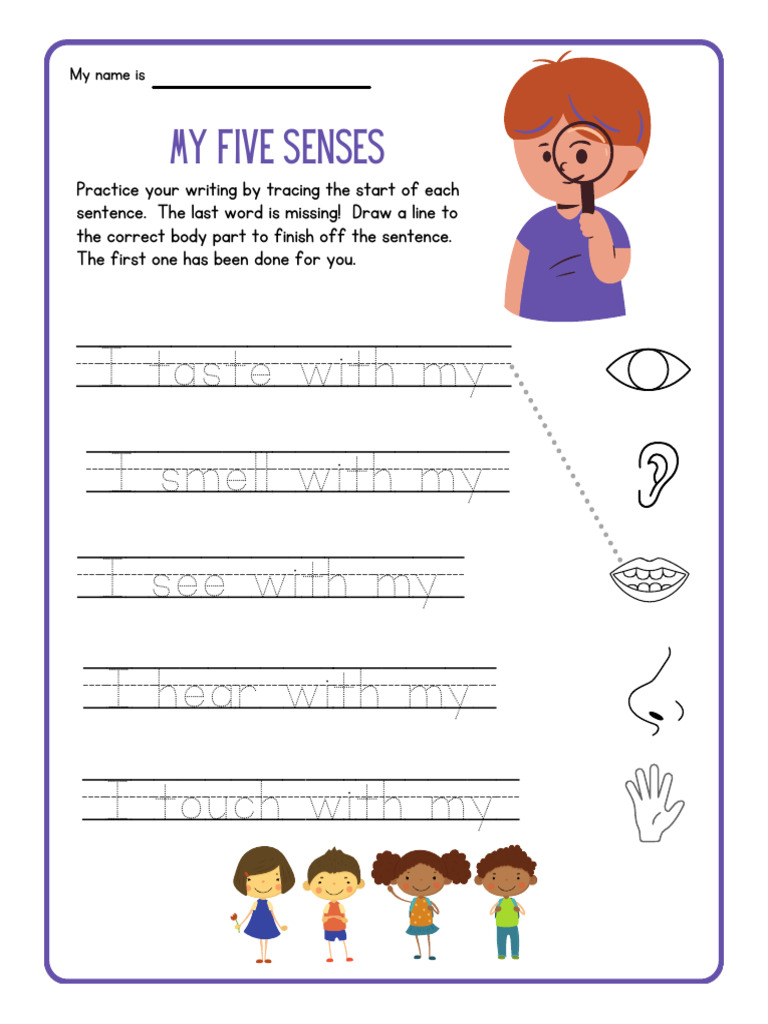 My Five Senses Illustrated Writing and Matching Worksheet | PDF