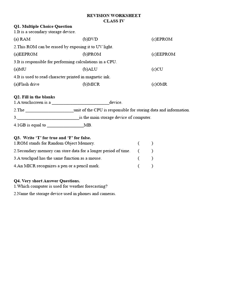 Class IV Computer Revision Worksheet | PDF