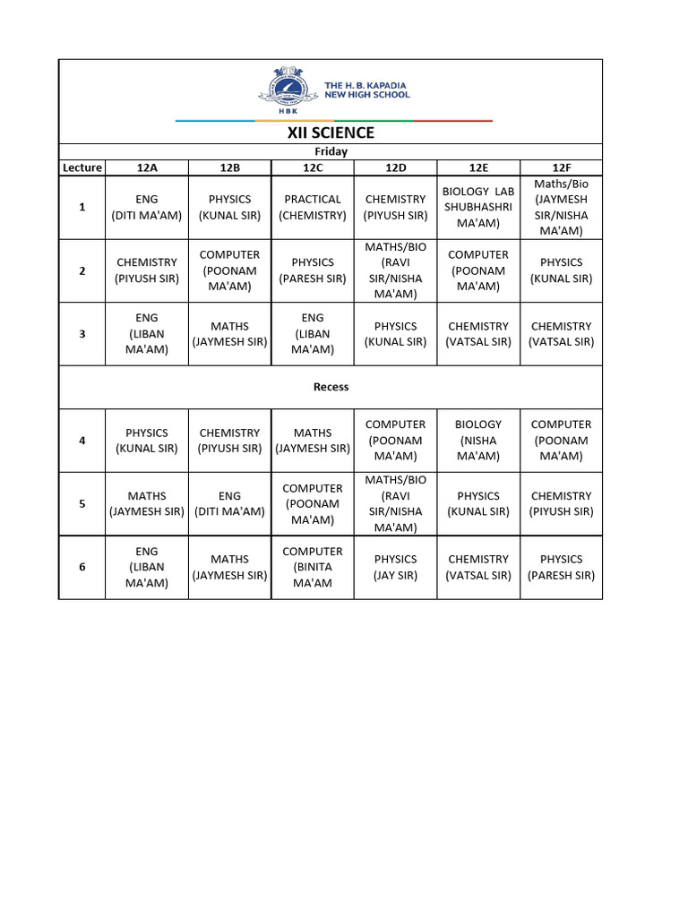 Xii Science Timetable Friday . | PDF