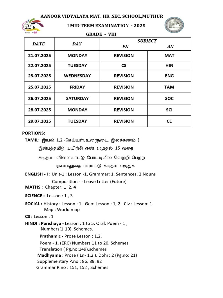 Grade VIII Mid Term Exam Portions 2025 | PDF