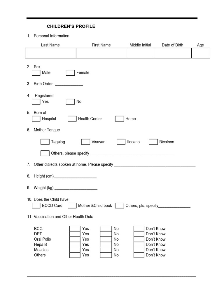 Form 2 Childrens Profile | PDF | Child Care | Preschool