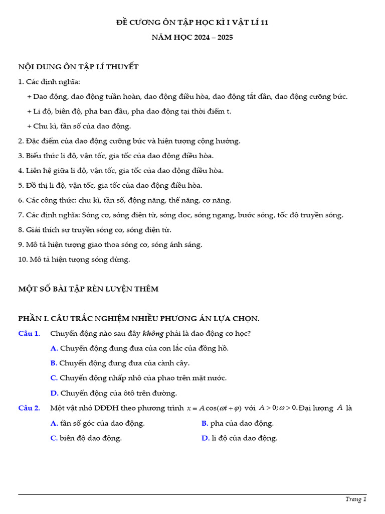 2425 VL11 de Cuong On Tap Hoc Ki 1 HS | PDF