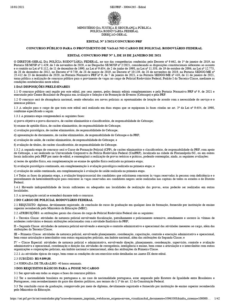 Edital Concurso PRF 2021: Vagas e Requisitos | PDF | Polícia | Deficiência