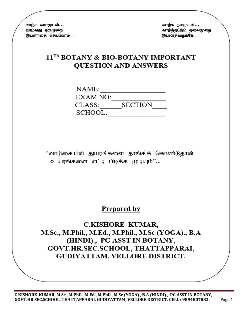 11th Bot & Bio-Bot em Important Q & A | PDF | Eukaryotes | Cell (Biology)