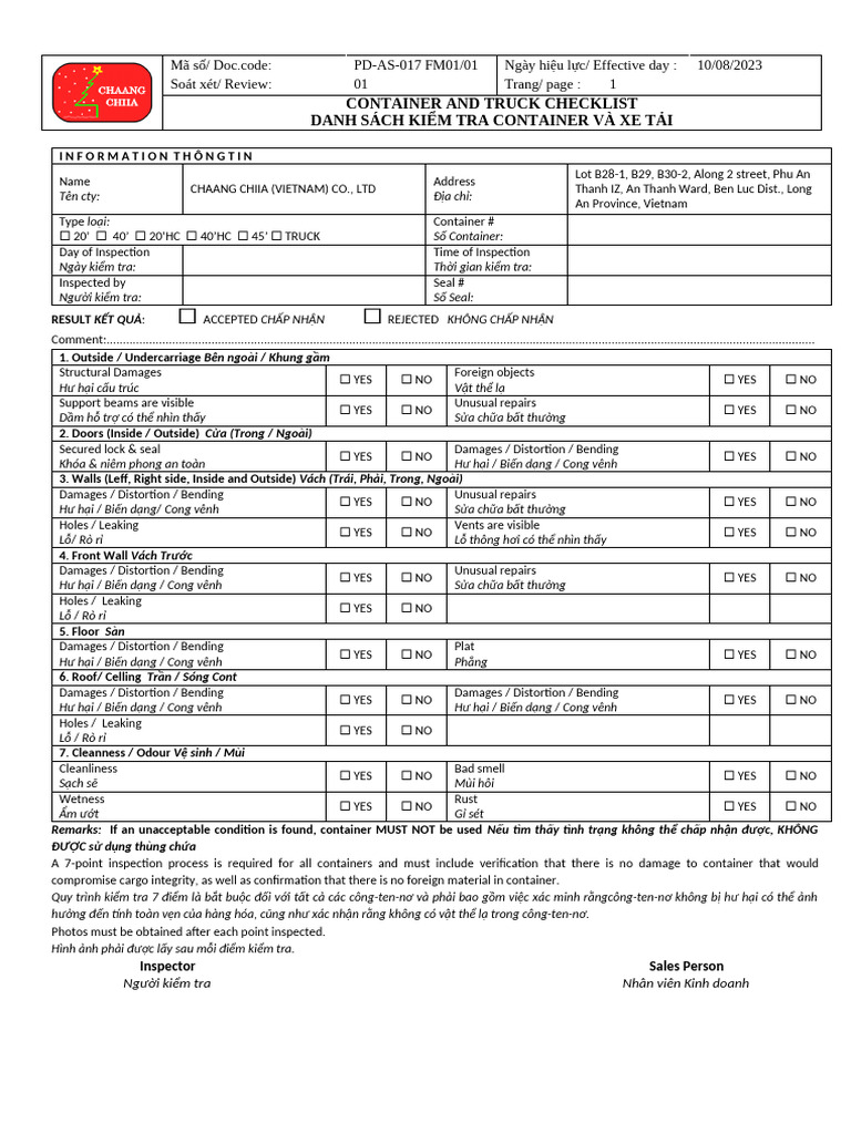 Contaner Inspection Check List | PDF