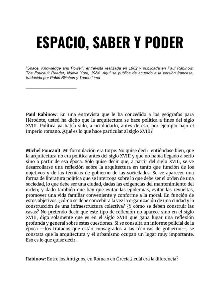 Espacio, Saber y Poder y Pregunas A M Foucault de La Geografia | PDF ...