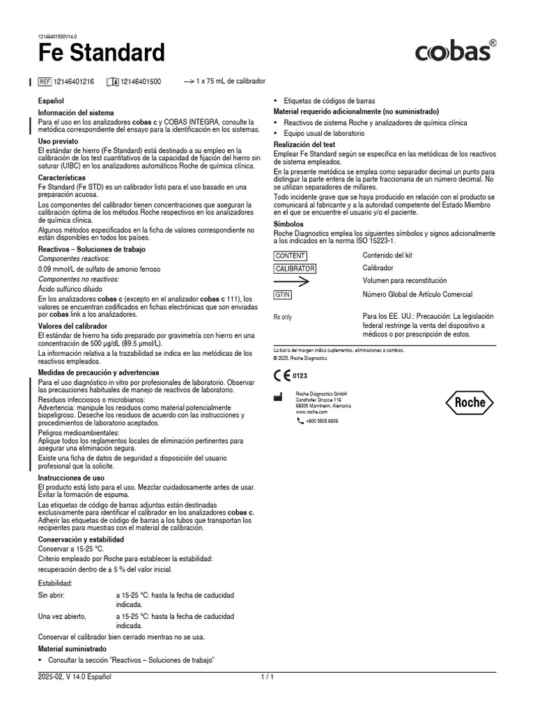 Calibrador de Hierro para Analizadores Roche | PDF | Laboratorios