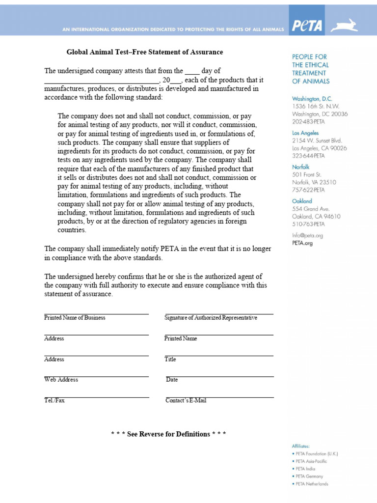Company Global Animal Test-Free Statement of Assurance | PDF | Animal ...