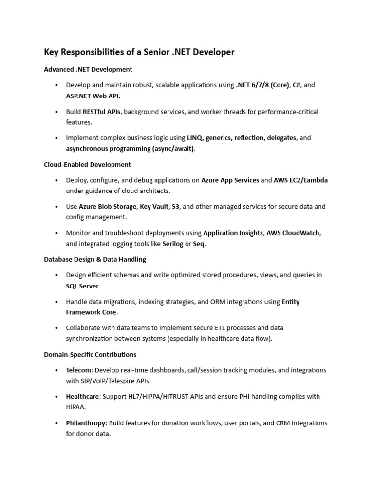 Senior .NET Developer Responsibilities | PDF