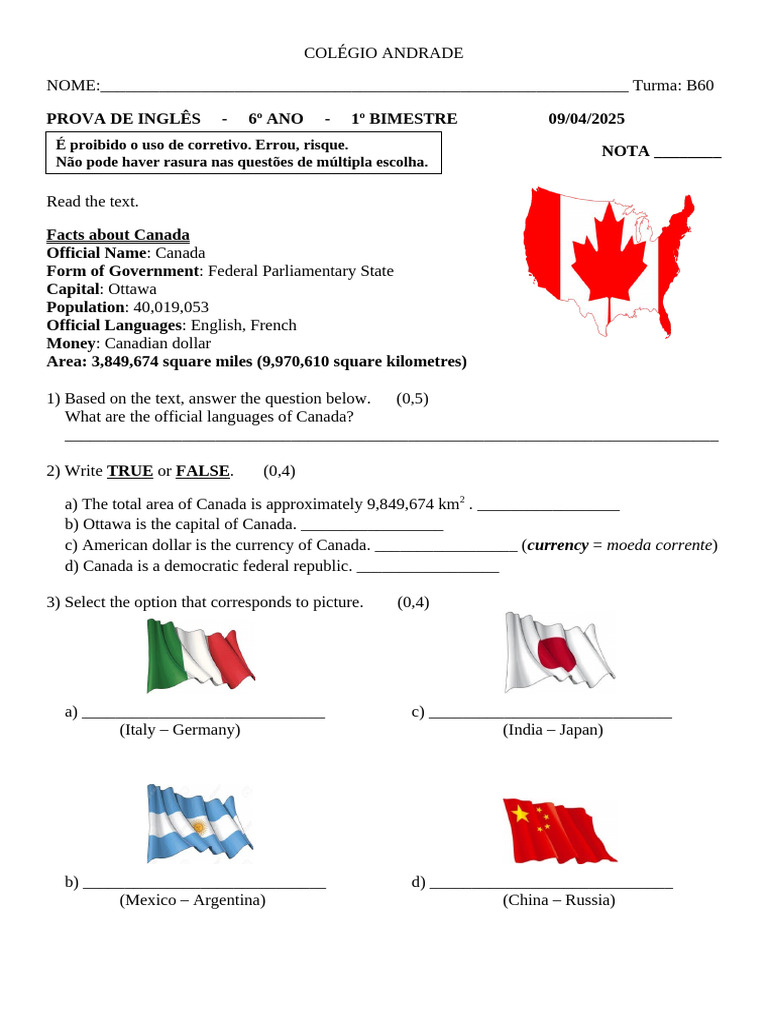 English Test for 6th Grade Students | PDF