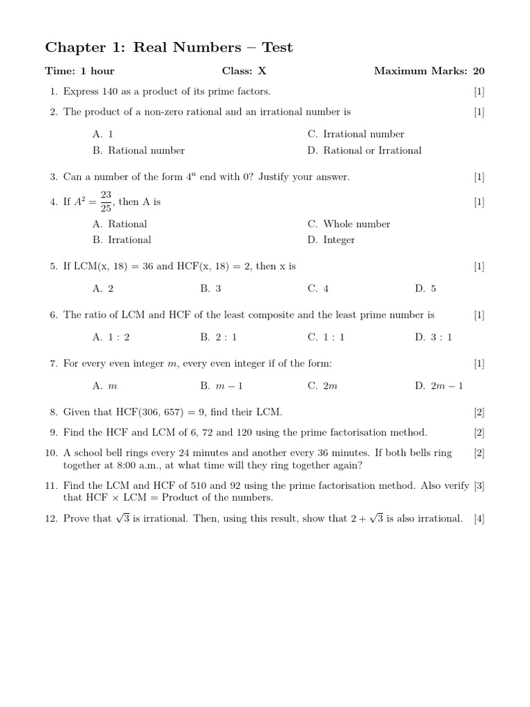 Real Numbers Test for Class X | PDF