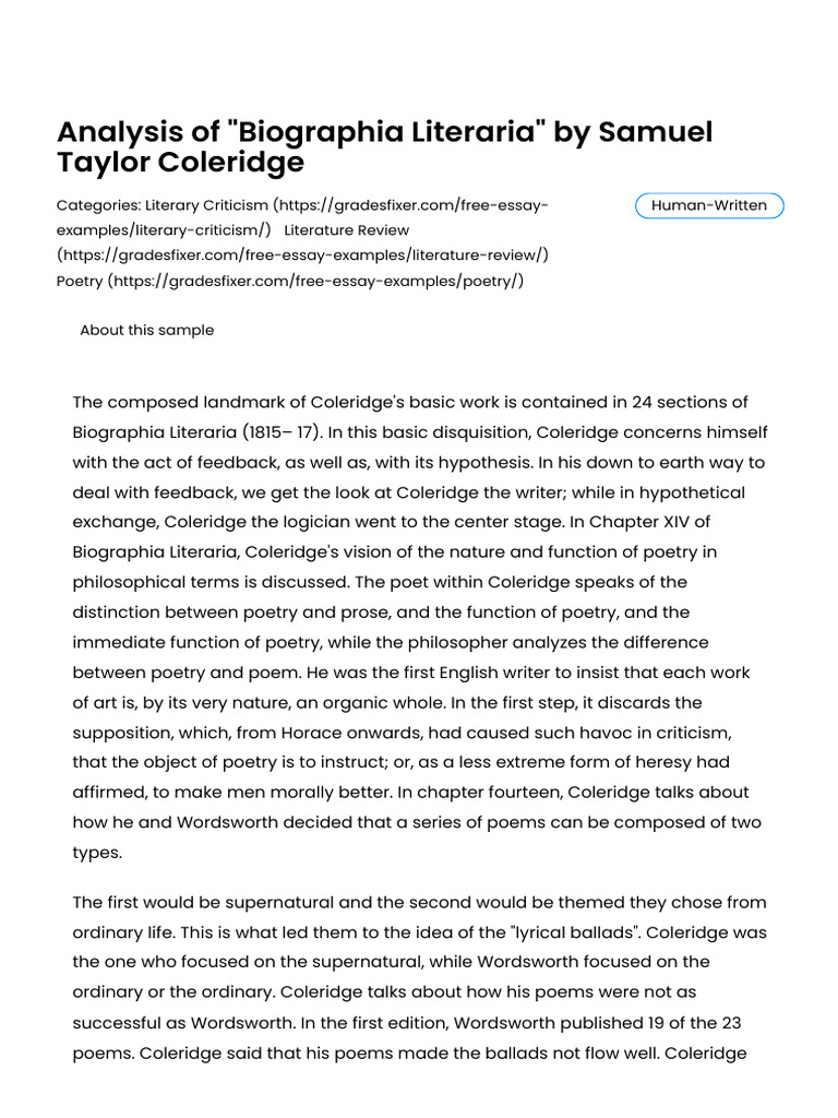 Analysis of - Biographia Literaria - by Samuel Taylor Coleridge - Free ...