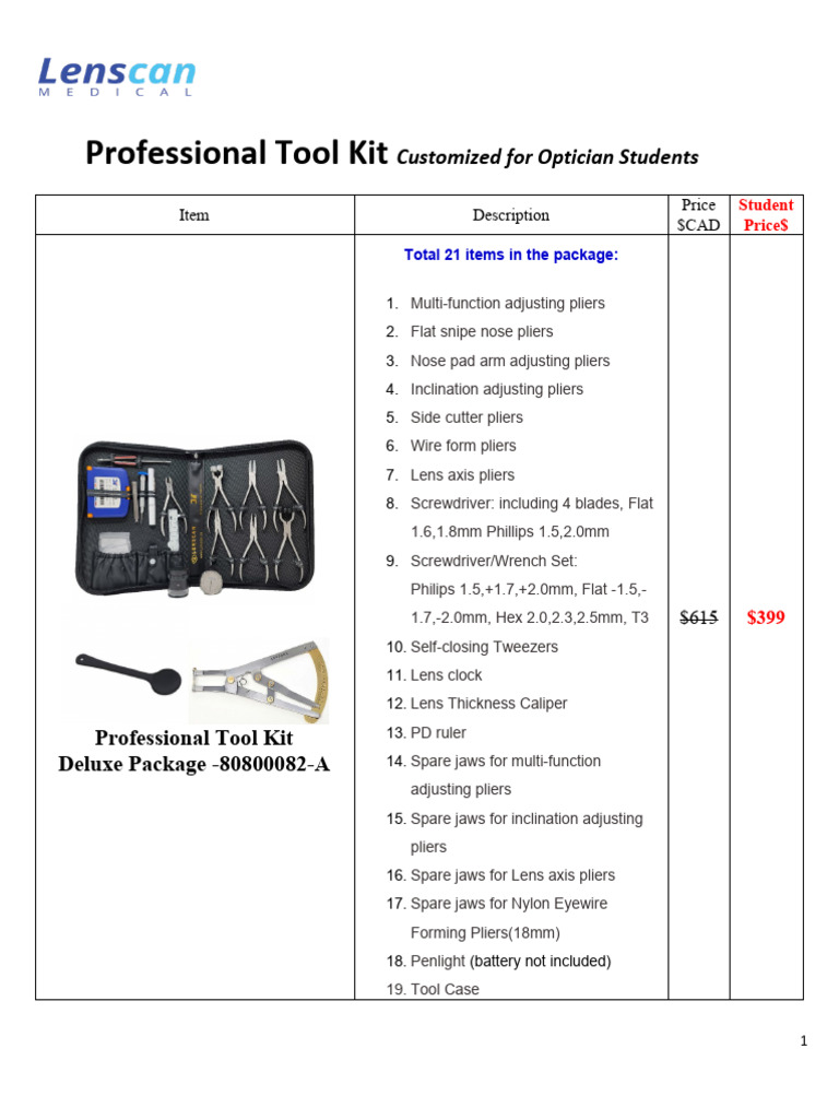 2025 Optician Student Tool Kit Order Form - SAIT | PDF
