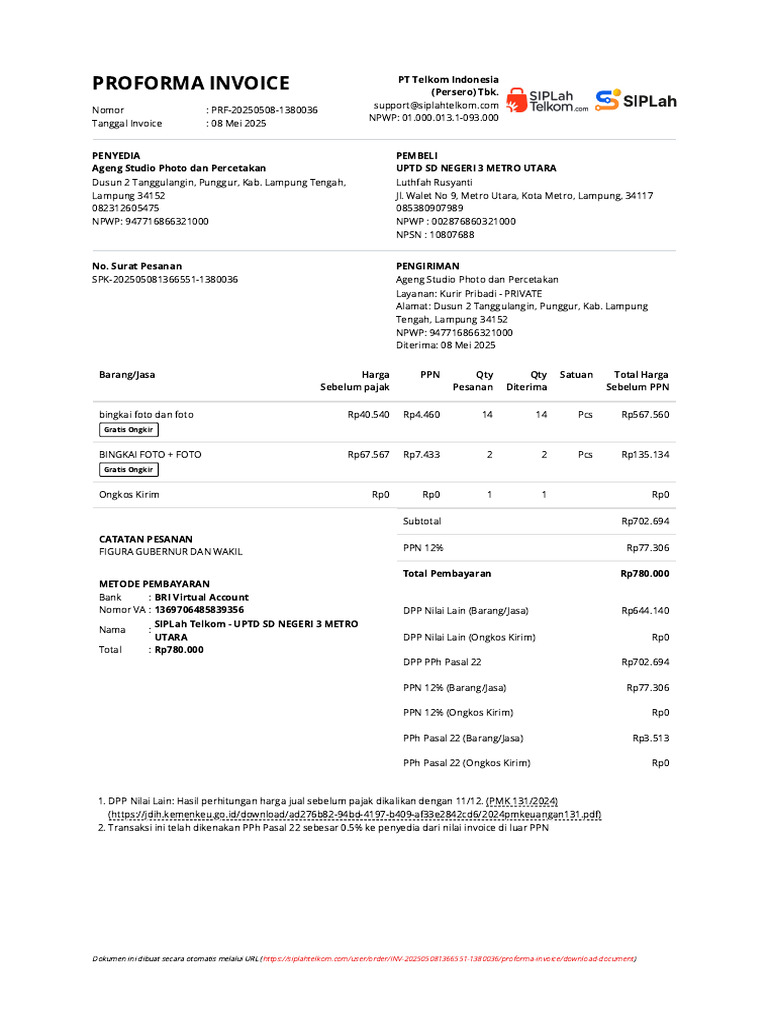 Proforma Invoice PT Telkom Indonesia | PDF