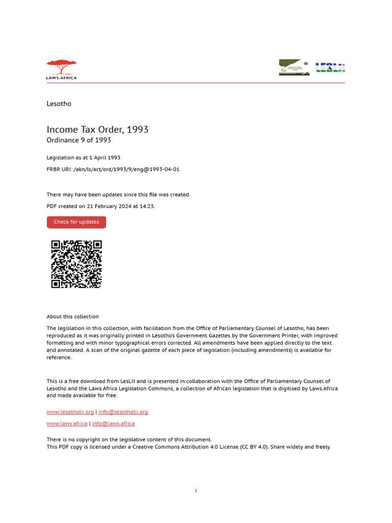 Lesotho Income Tax Order 1993 Document | PDF | Tax Deduction | Taxes