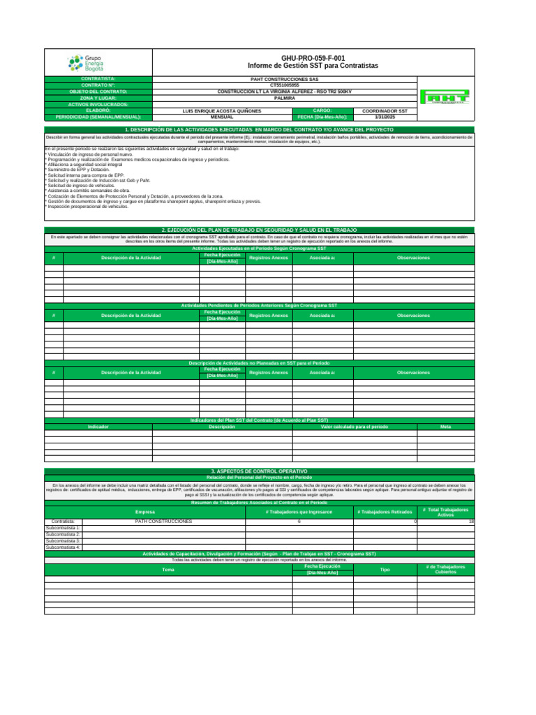 Informe Mensual de SST - Contrato CT551005955 | PDF | Seguridad y salud ...