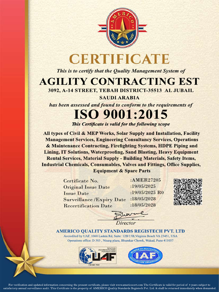 UAF Americo-ISO 9001-AGILITY CONTRACTING EST | PDF
