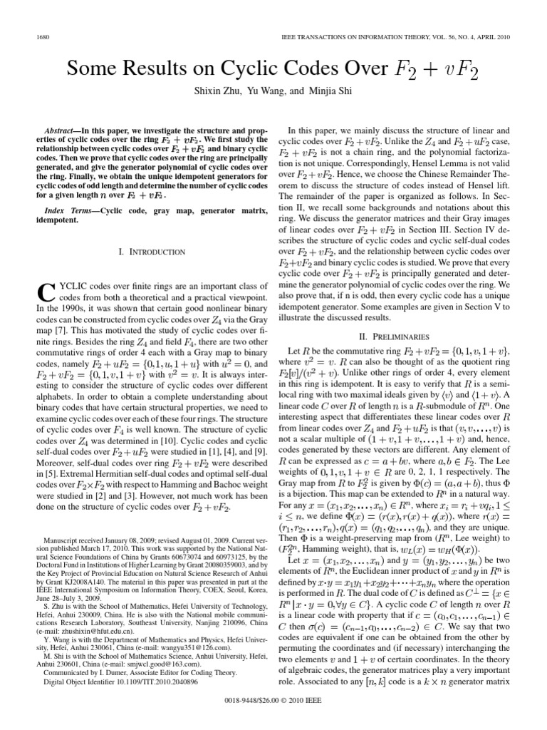 Cyclic Codes Over F2 + vF2 Explained | PDF | Matrix (Mathematics ...