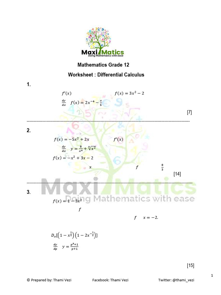 Differential Calculus Worksheet | PDF | Tangent | Functions And Mappings