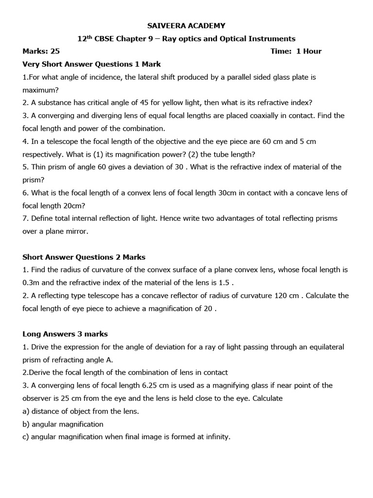Ray Optics & Instruments: CBSE 12th Guide | PDF | Optics | Light