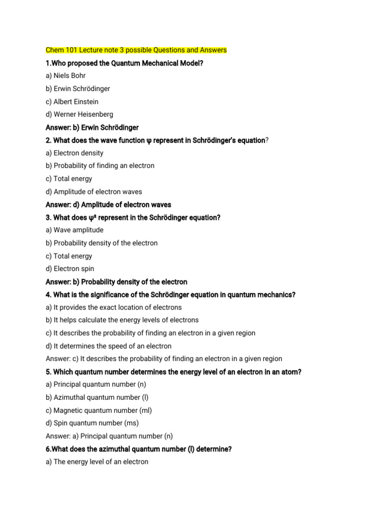 Chem 101 Lecture Note 3 Possible Questions and Answers | PDF