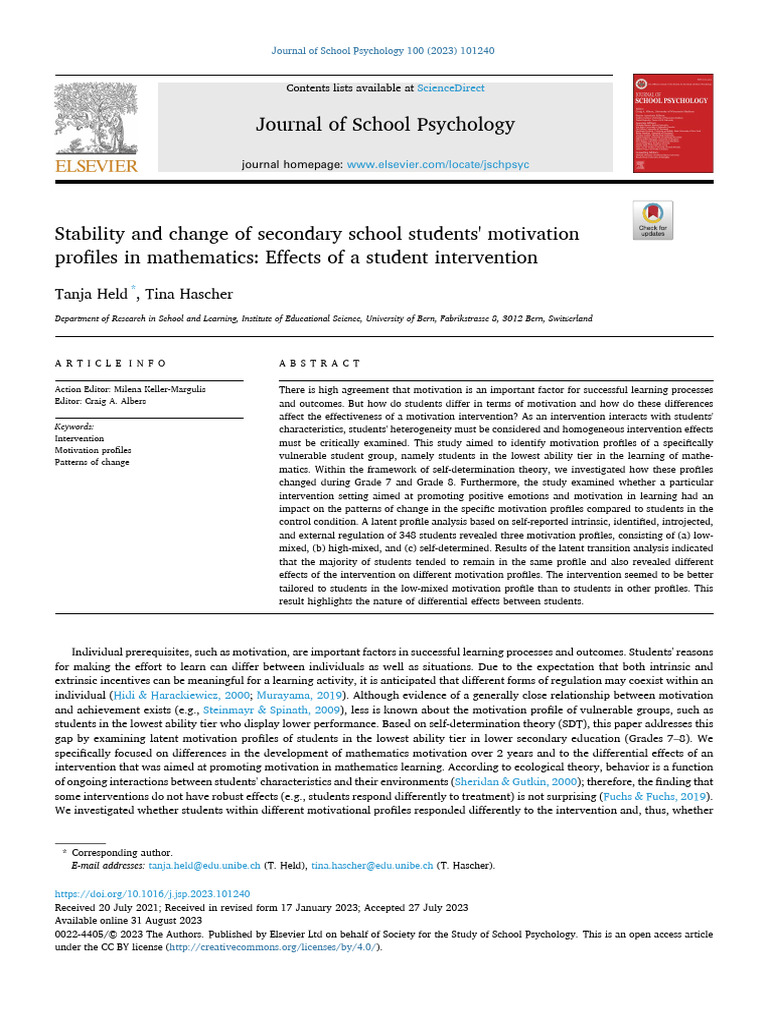 Stability and Change of Secondary School Students' Motivation | PDF ...
