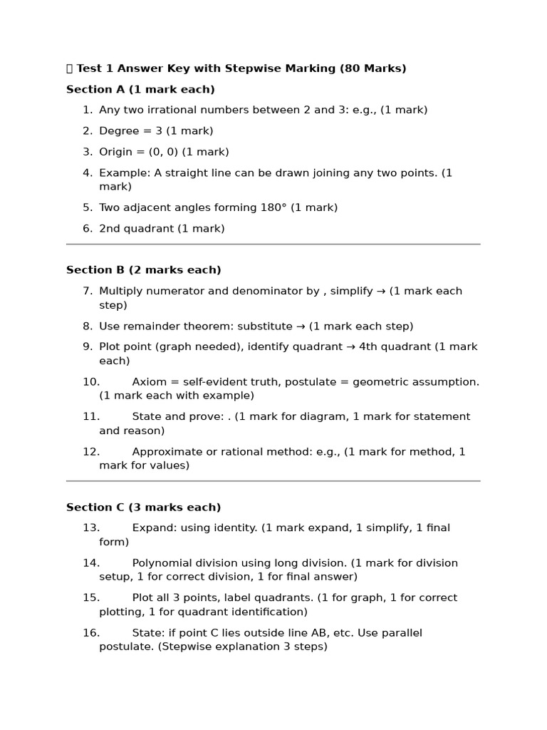 Test 1 Answer Key With Stepwise Marking (80 Marks) Section A (1 Mark ...