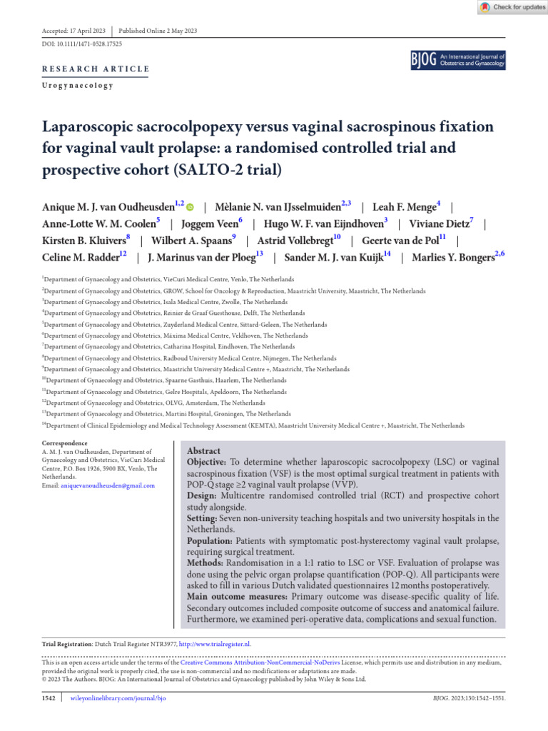 Laparoscopic Sacrocolpopexy Versus Vaginal Sacrospinous Fixation For ...