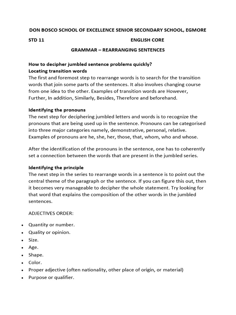 Rearranging Jumbled Sentences Guide | PDF | Pronoun | Adjective
