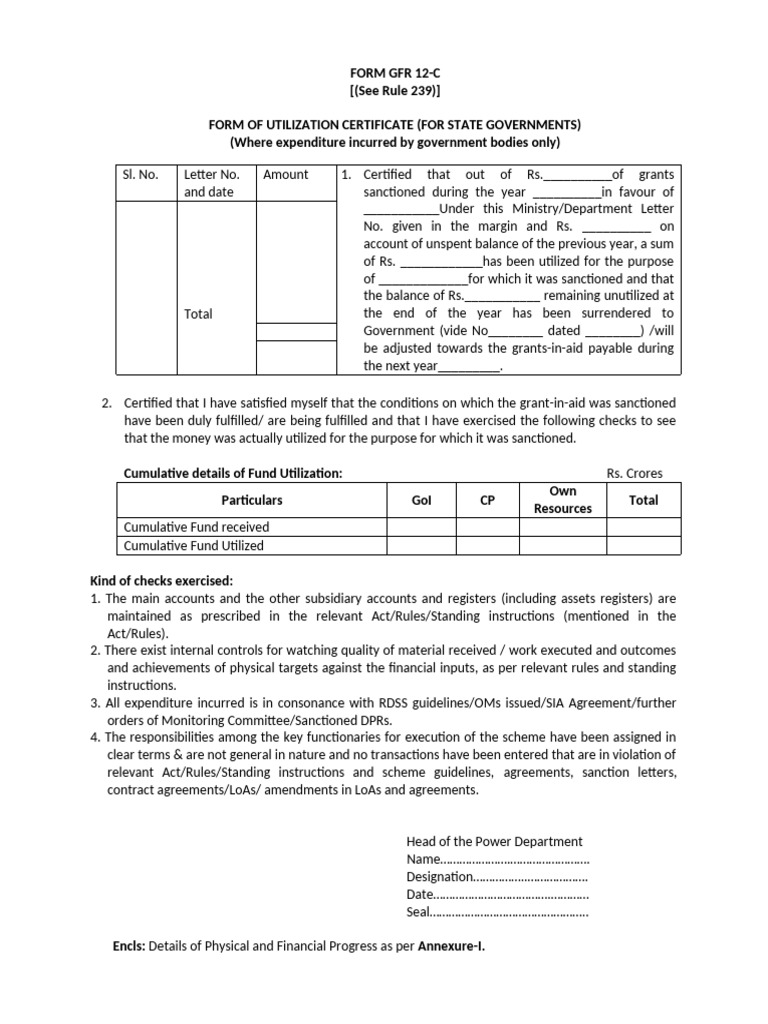 GFR 12-C Utilization Certificate Form | PDF | Business | Economies