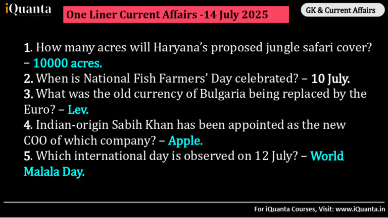 Daily One Liner Current Affairs - 14 July 2025 | PDF