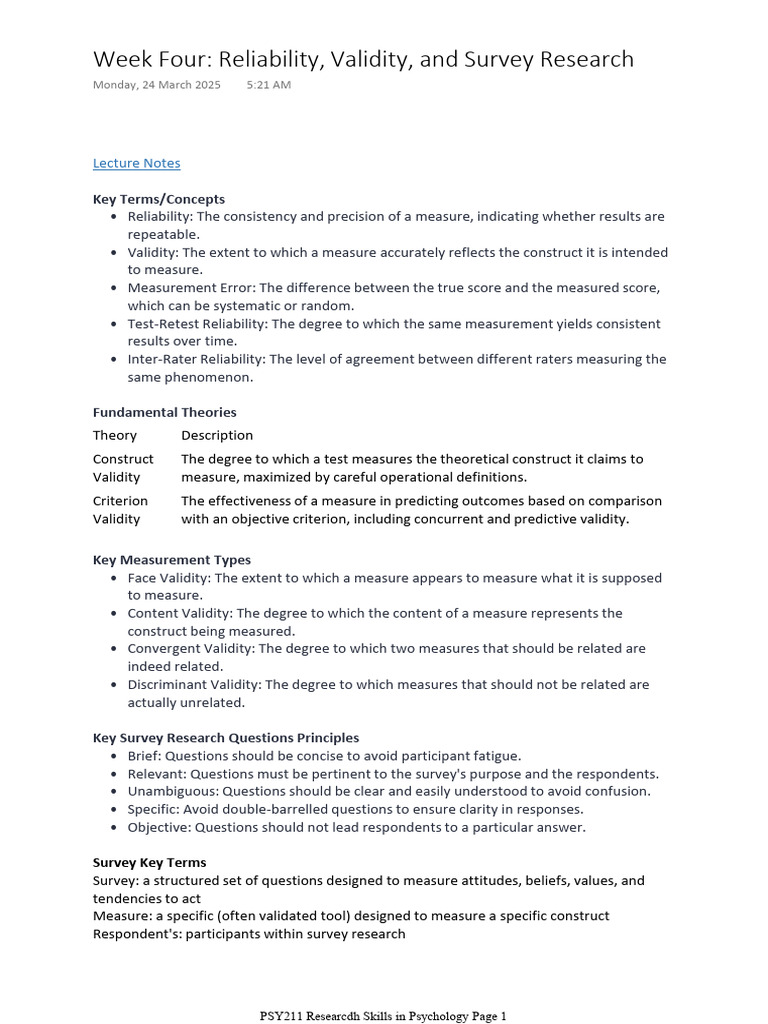 PSY211 WK 4 Notes Reliability, Validity, and Survey Research | PDF ...