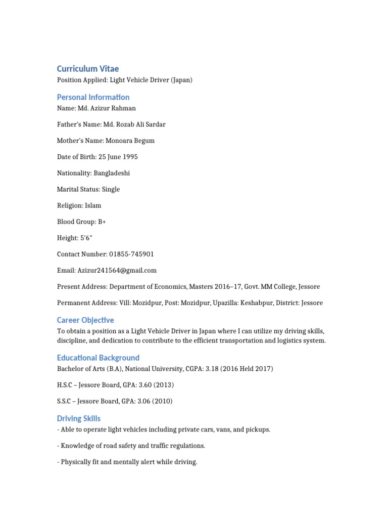 Light Driver CV Azizur | PDF