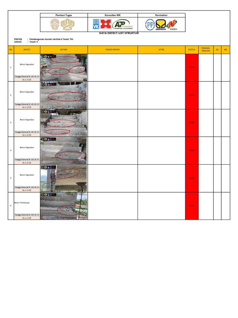 Defect List Beton Segradasi Tower 4 | PDF